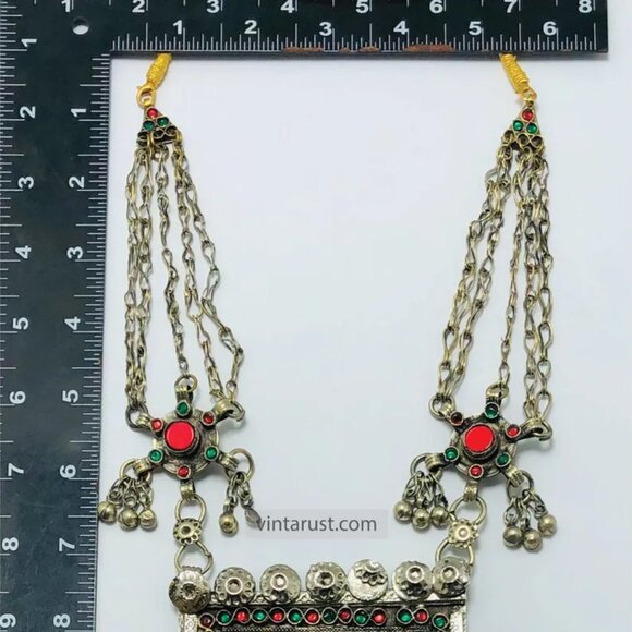 Ethnic Afghan Tribal Necklace, Handcrafted Afghan Necklace with Red and Green - Picture 8 of 11